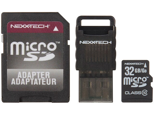 Nexxtech 32GB microSD Class 10 Memory Card with SD and USB adapter