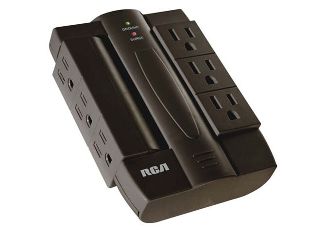 RCA 6 Outlet Swivel Surge Protector with 2100 Joules Surge Protection Audible Alarm Black