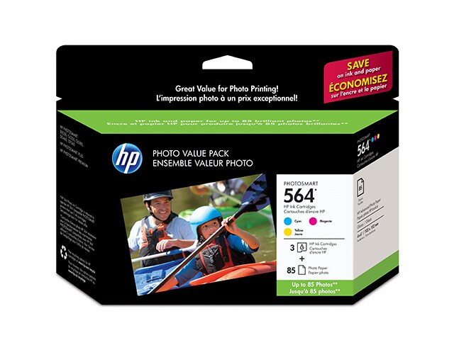 HP 564 Cyan Magenta Yellow Ink Cartridges with Photo Paper and Cards 3 pack J2X80AN
