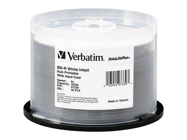 Verbatim 25GB 6x Printable White Hub Inkjet Blu Ray Recordable Discs 50 Pack