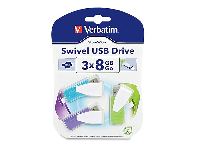 Verbatim 3 Pack Swivel 8GB USB 2.0 Flash Drive Blue Green Violet