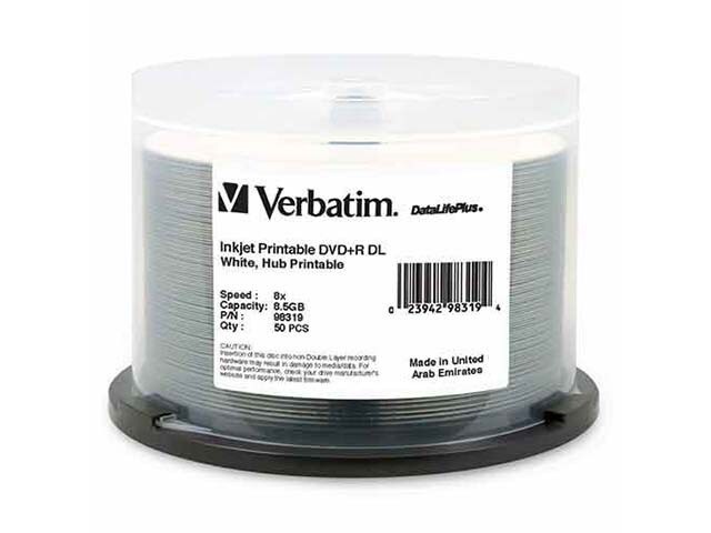 Verbatim InkJet Hub Printable 8.5GB 8X DVD R Discs White 50 Pack