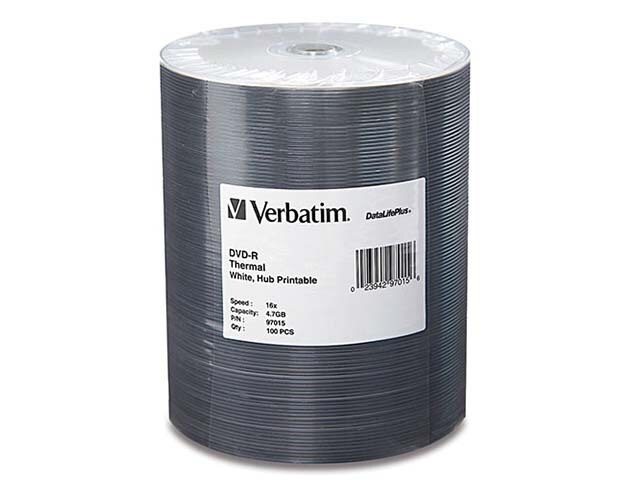 Verbatim Thermal Hub Printable 4.7GB 16X DVD R Discs White 100 Pack