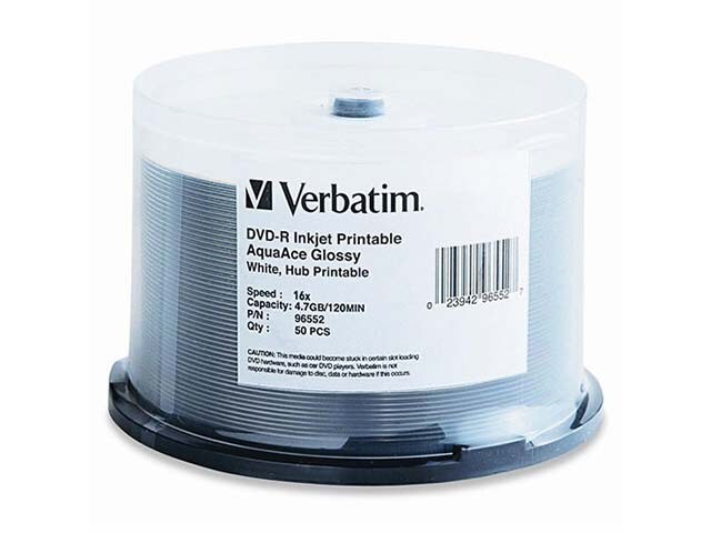 Verbatim AquaAce Inkjet Hub Printable 4.7GB 16X DVD R Discs Glossy White 50 Pack