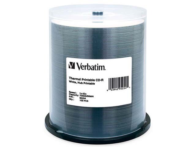 Verbatim Thermal Hub Printable 80MIN 700MB 52X CD R Discs â€“ White â€“ 100 Pack