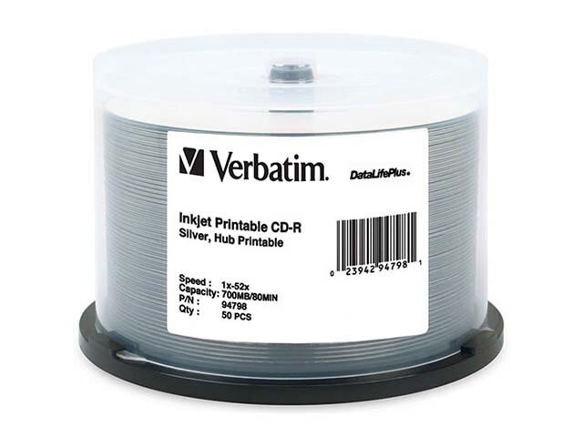 Verbatim Inkjet Hub Printable 700MB 52X CD R Discs Silver 50 Pack