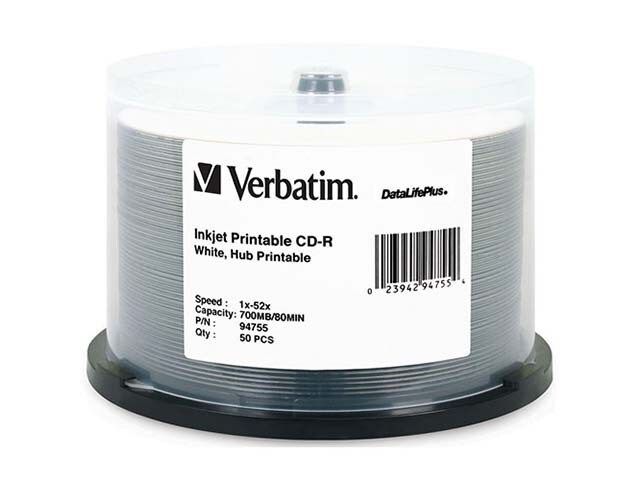 Verbatim Inkjet Hub Printable 700MB 52X CD R Discs White 50 Pack