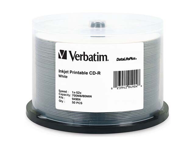 Verbatim Inkjet Printable 700MB 52X CD R Discs White 50 Pack