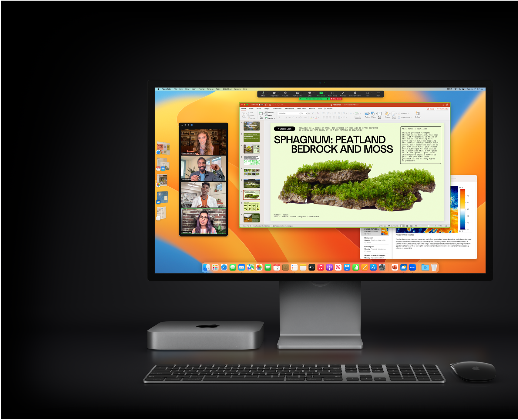 Mac mini avec Magic Mouse, Magic Keyboard et Studio Display, où s’affiche une présentation Microsoft PowerPoint partagée durant une réunion Zoom, en plus de l’app Notes en arrière-plan.