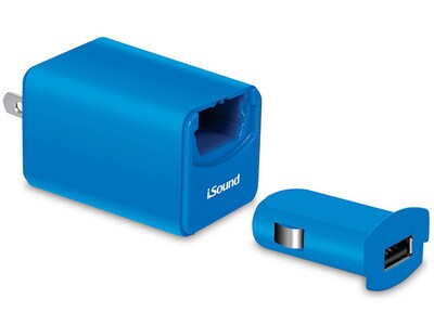 Chargeur USB mural à 2,1 A Pro et chargeur pour la voiture avec câble de recharge et de synchronisation d’iSound - bleu