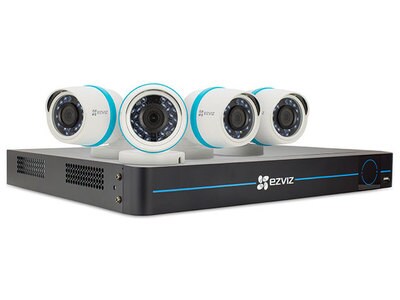 Système de surveillance BN-1824A2 de Ezviv, intérieur/extérieur, jour/nuit, 4 postes, 1080p et enregistreur vidéo de 1 To, 4 caméras de surveillance IP à l’épreuve des intempéries.