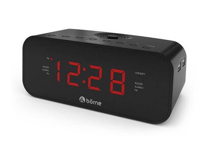 Borne Digital Clock Radio with Dual USB Charging Port - Black 