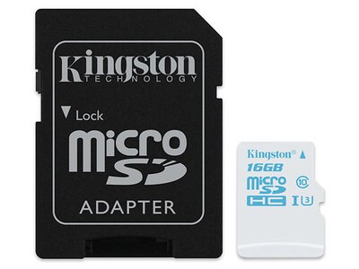 Carte mémoire micro SD UHS-I classe 3 de 16 Go avec adaptateur pour caméra d’action de Kingston