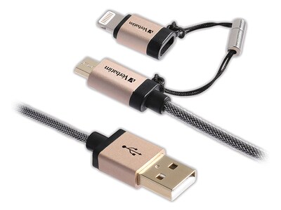 Verbatim 99218 1.2m (3.9’) Braided Sync & Charge Micro USB to USB Cable with Lightning Adapter - Champagne