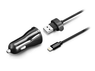 Chargeur pour la voiturer de 12 A avec câble Lightning amovible certifié Apple MFI de Macally – noir