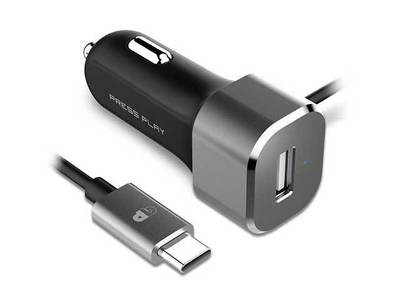 Press Play Fixed Cable USB-C Car Charger with USB - Black & Grey