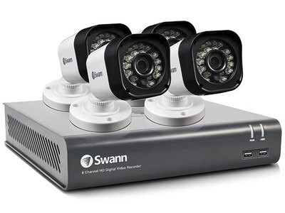 Système de sécurité 720p à 8 canaux intérieur/extérieur, jour/nuit avec enregistreur numérique à 1 To et 4 caméras T835 SWDVK-816004 de Swann