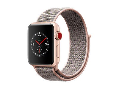 Apple Watch série 3 de 38 mm avec boîtier en aluminium or et bracelet sport à rabat sable rose (GPS et Cellulaire)