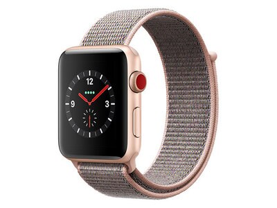 Apple Watch série 3 de 42 mm avec boîtier en aluminium or et bracelet sport à rabat sable rose (GPS et Cellulaire)
