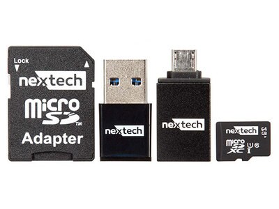 Nexxtech 64GB UHS-I Class 10 microSD Memory Card with 4-in-1 Kit