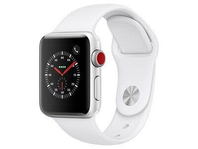 Apple® Watch série 3 de 38 mm avec boîtier en en argent doré avec bracelet sport blanc (GPS + cellulaire)
