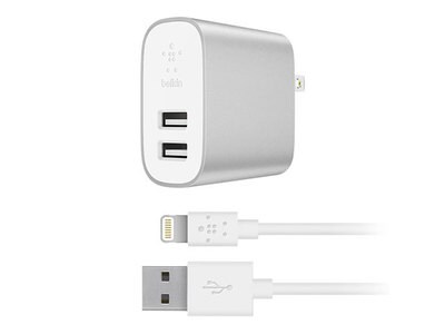 Belkin BoostCharge™ 4.8A 2-Port USB Wall Charger with Lightning Cable - Silver