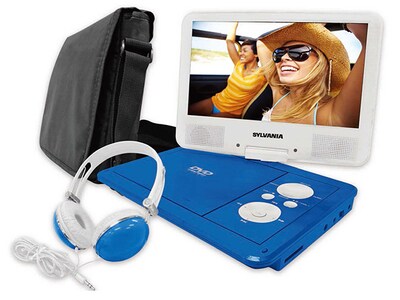 Lecteur de DVD portable de 9 po avec écran pivotant, sac de voyage de luxe et écouteurs assortis par Sylvania – Bleu