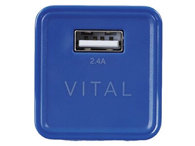 Chargeur mural USB 2.4A de VITAL avec broches repliables - Bleu
