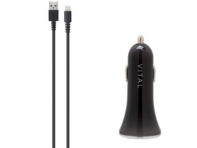 VITAL 2.4A Car Charging Kit with Lightning Charge & Sync Cable - Black
