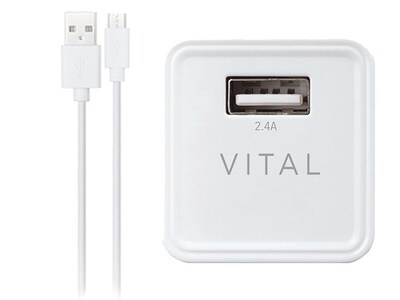VITAL 2.4A Wall Charger with Micro USB Charge & Sync Cable - White