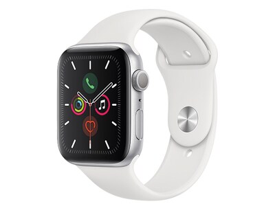 Apple Watch série 5 de 44mm avec boîtier en aluminium argent et bracelet sport blanc (GPS)