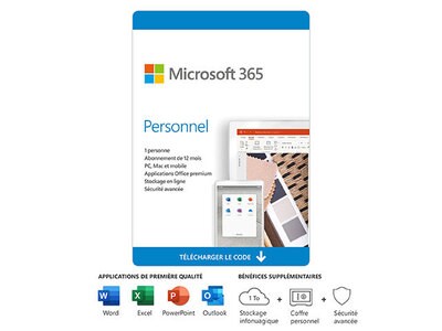 Microsoft 365 Personnel , Applications Office de première qualité , 1 To de stockage infonuagique OneDrive , Abonnement de 12 mois, 1 utilisateur , Téléchargement PC/Mac