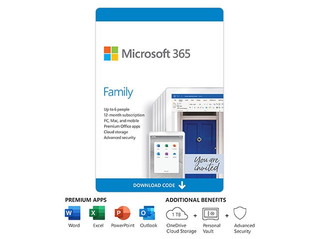 Microsoft 365 Famille , Abonnement de 12 mois, jusqu’à 6 utilisateurs , Applications Office de première qualité , 1 To de stockage infonuagique OneDri