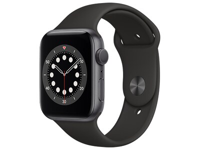 Boîte ouverte - Apple® Watch série 6 de 44mm avec boîtier en aluminium gris cosmique et bracelet sport noir (GPS)