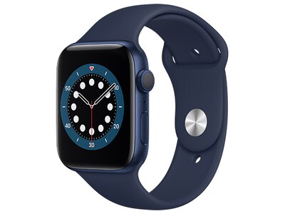 Boîte ouverte - Apple® Watch série 6 de 44mm avec boîtier en aluminium bleu et bracelet sport marine (GPS)