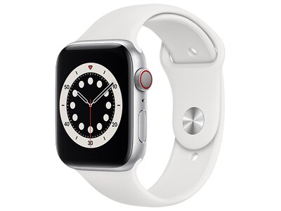 Apple® Watch série 6 de 44mm avec boîtier en aluminium argent et bracelet sport blanc (GPS + Cellular)