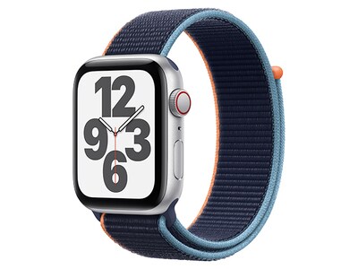Apple® Watch SE 44mm avec boîtier en aluminium argent et bracelet sport à rabat marine (GPS + Cellular)