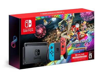 Nintendo Switch™ 32 Go avec Joy-Con™ bleu néon et rouge néon + Mario Kart™ 8 de luxe + abonnement de 3 mois à Nintendo en ligne