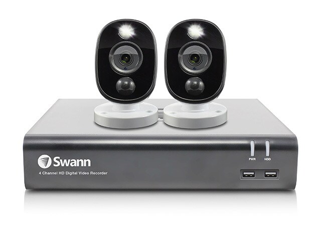 Système de sécurité DVR pour disque dur Swann 1080p HD 4 canaux 1 TO avec 2 caméras de sécurité extérieure 1080 PIR avec avertissement (PRO-1080MSFB)