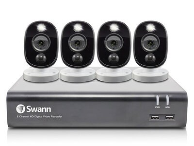 Système de sécurité à 4 caméras HD 1080p sous dôme avec capteur passif et éclairage de sécurité pour l’extérieur, 8 canaux et DVR à disque dur de 1 To PRO-1080MSFB de Swann