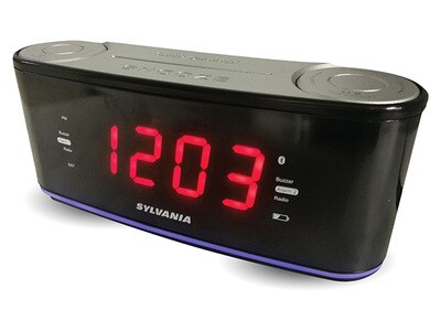 Radio-réveil Bluetooth réglage automatique à deux alarmes avec port de recharge USB de Sylvania - noir