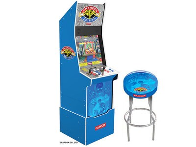 Arcade1UP Street Fighter II avec illustration exclusive avec contremarche, chapiteau lumineux, protecteur de pont lumineux, tabouret exclusif