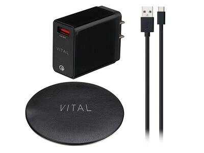 VITAL 15W Leather Wireless Charging Pad with Wall Charger & USB-C Cable - Black