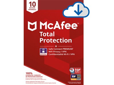 McAfee Total Protection 10 Device + McAfee Safe Connect Premium 5 Device, 12-Month Subscription, PC Download