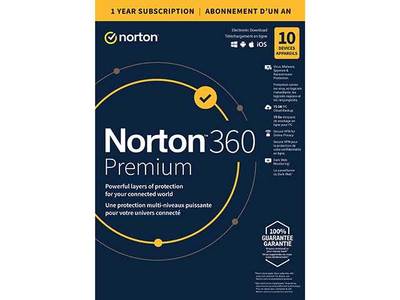 Norton 360 Premium 10 appareils, Abonnement 1 an, 75 Go Sauvegarde sur le cloud 