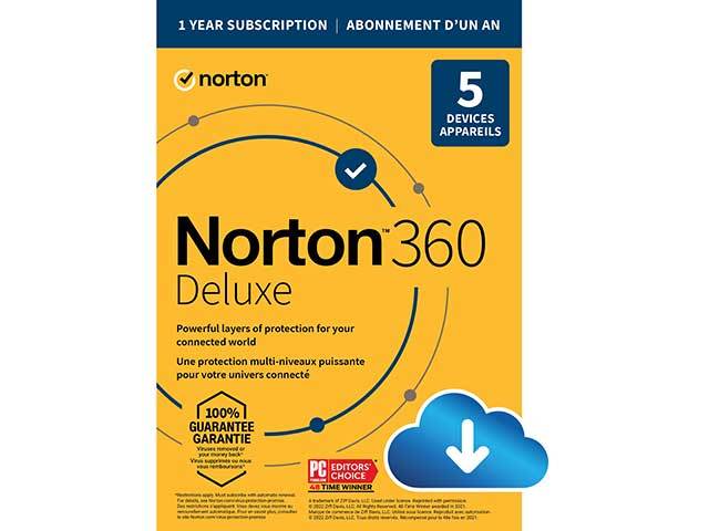 Norton 360 Deluxe 5 appareils, Abonnement 1 an, 50 Go Sauvegarde sur le cloud (carte de téléchargement numérique)