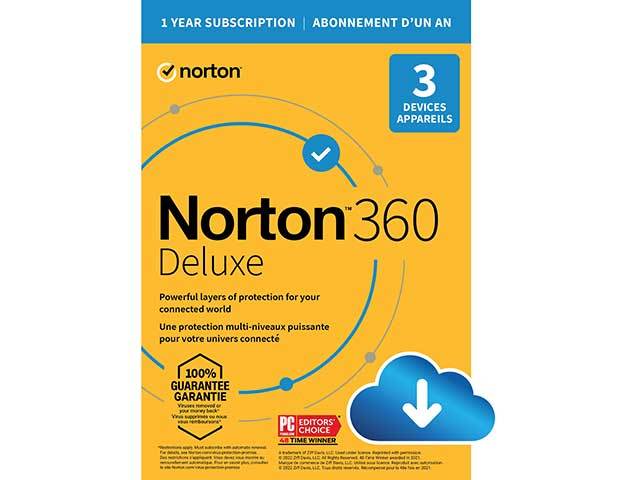 Norton 360 Deluxe - Abonnement de 12 mois pour 3 appareils (carte de téléchargement numérique)