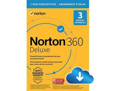 Norton 360 Deluxe - 3 Device - 1 Year Subscription with 25 GB Cloud Backup (Digital Download Card)