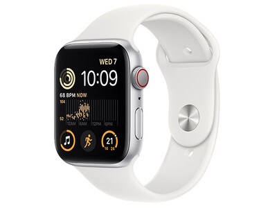 Apple® Watch SE (2022) 44mm Silver Aluminium Case with White Sport Band (GPS+Cellular)