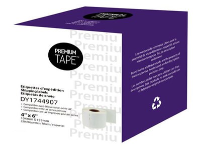 Étiquettes XL Premium Tape de 4 po x 6 po (1 x 220) compatible avec les Dymo 1744907 et 1951462